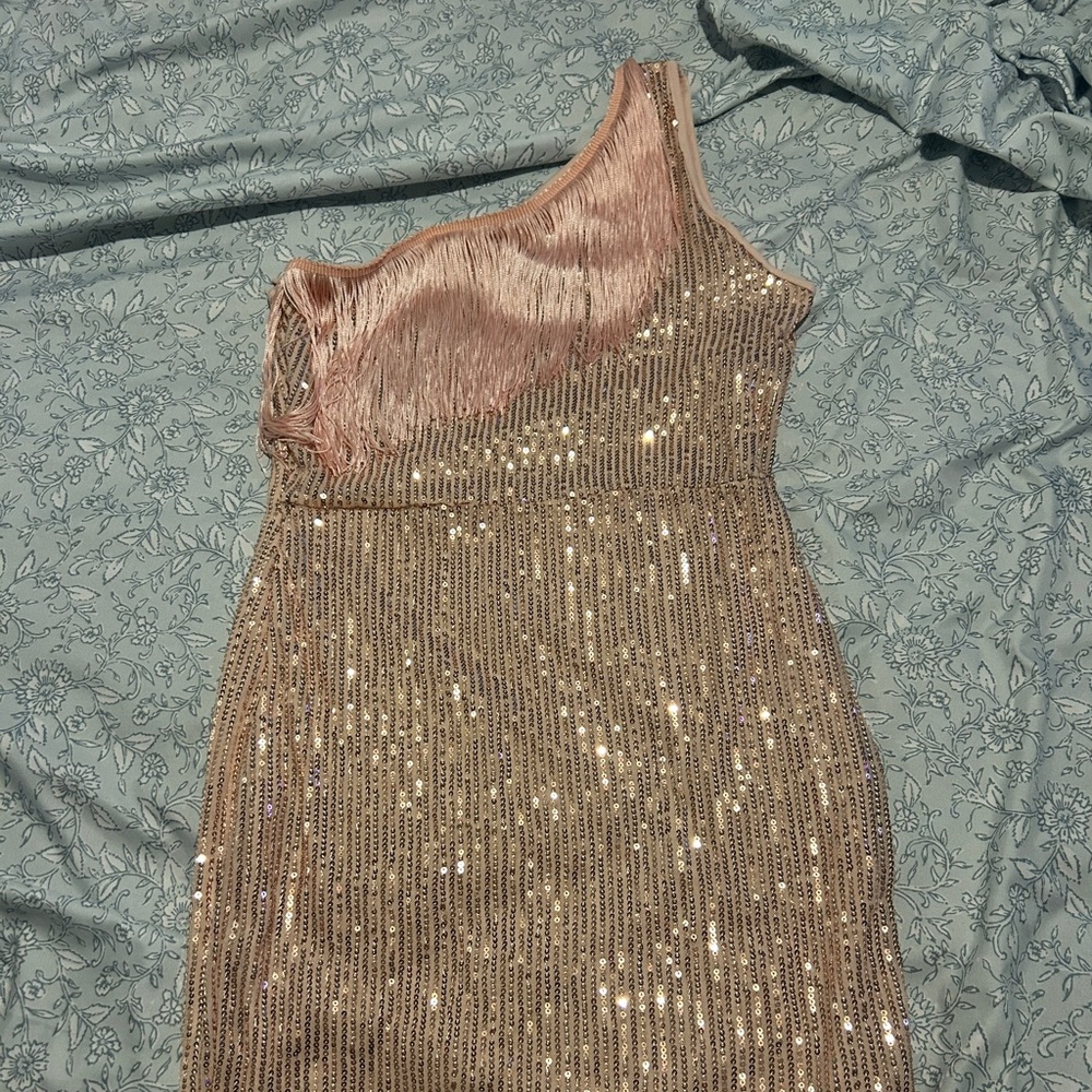 One-Shoulder Pink with Rose GoldSequin Party Dress - Picture 11 of 11